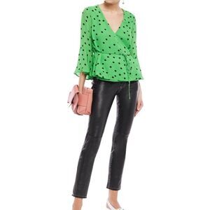 Ganni Dainty Georgette Wrap Tie Waist Emerald Green Wrap Blouse New Size 38